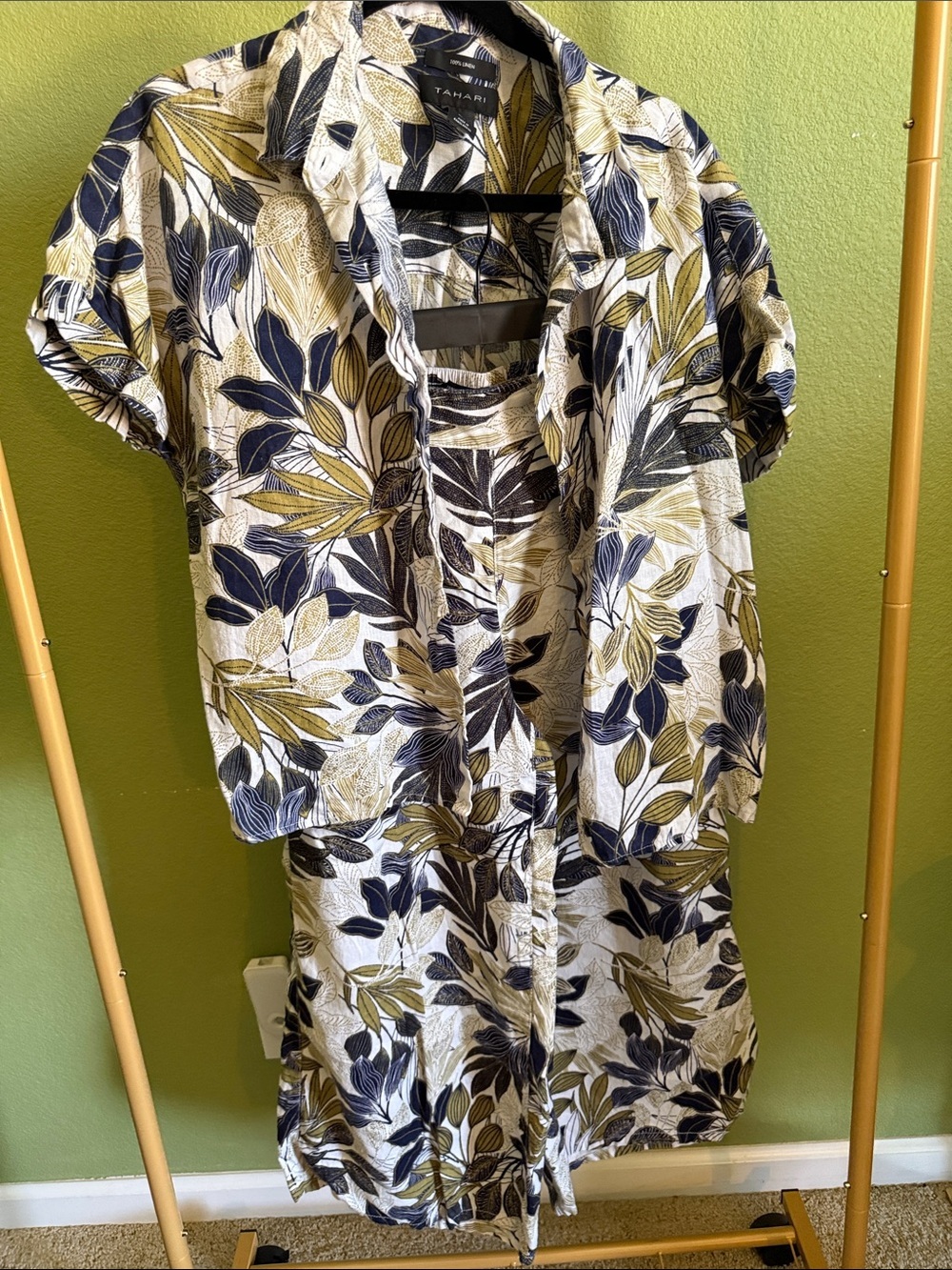 Tahari Navy & Olive Leaf-Print Two-Piece Set 100% Linen